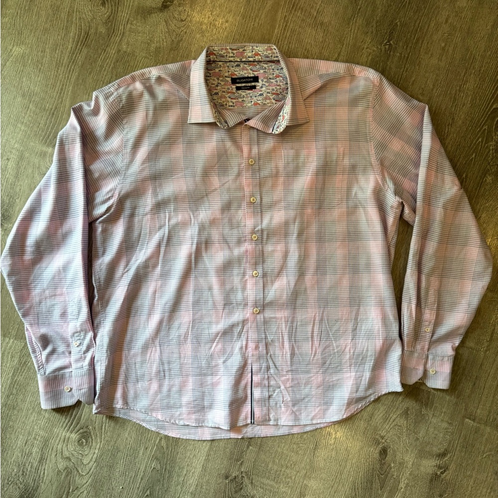 Men’s long sleeve Bugatchi Pink and White Plaid Shirt size XL